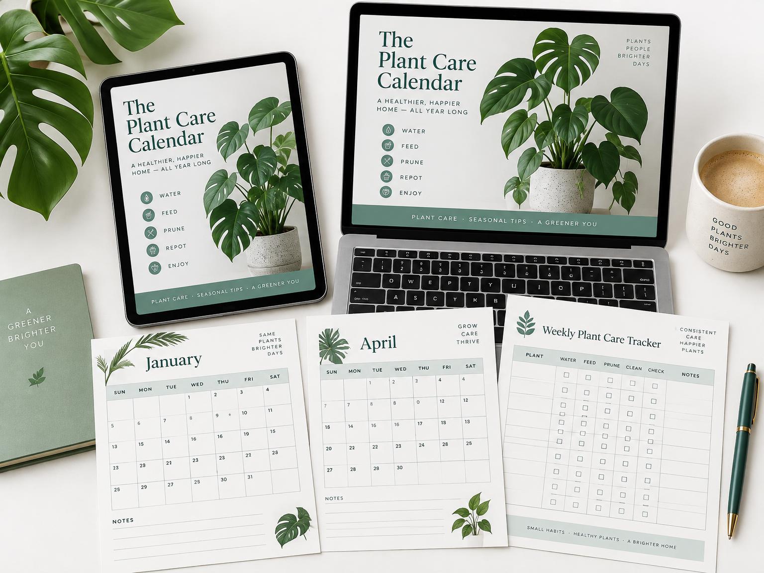The Plant Care Calendar Protocol shown on a tablet and laptop with printable monthly calendar and weekly habit tracker pages